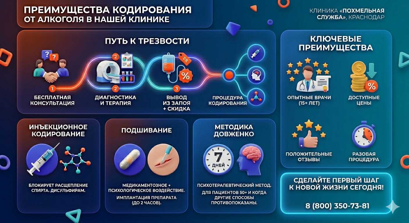 Инфографика о методах кодирования от алкоголя в Маджалисе: инъекции, подшивание, метод Довженко. Преимущества клиники и этапы лечения.